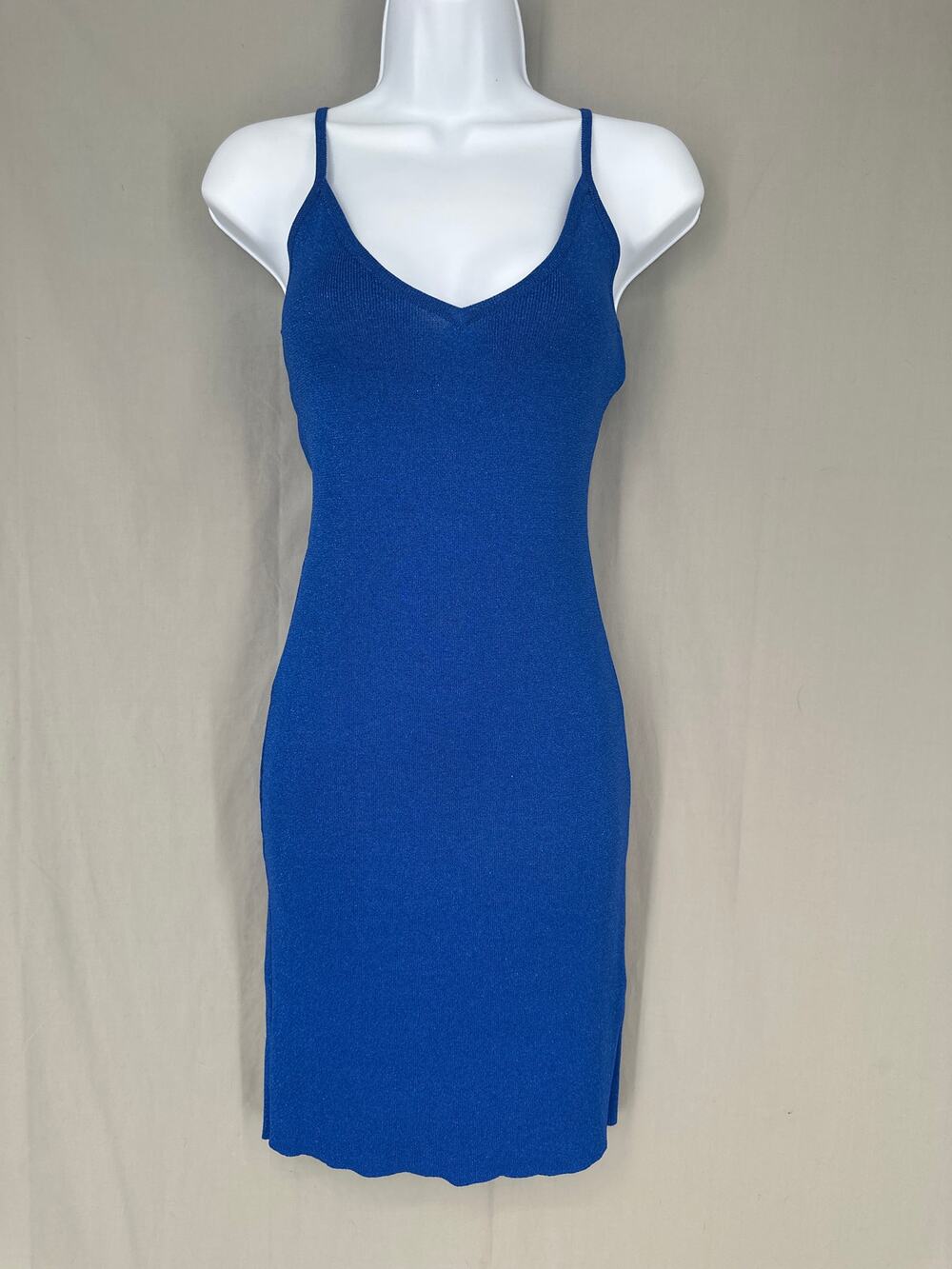 Vintage Slip Dress Womens Medium Blue Knee Length Bodycon V Neck Party